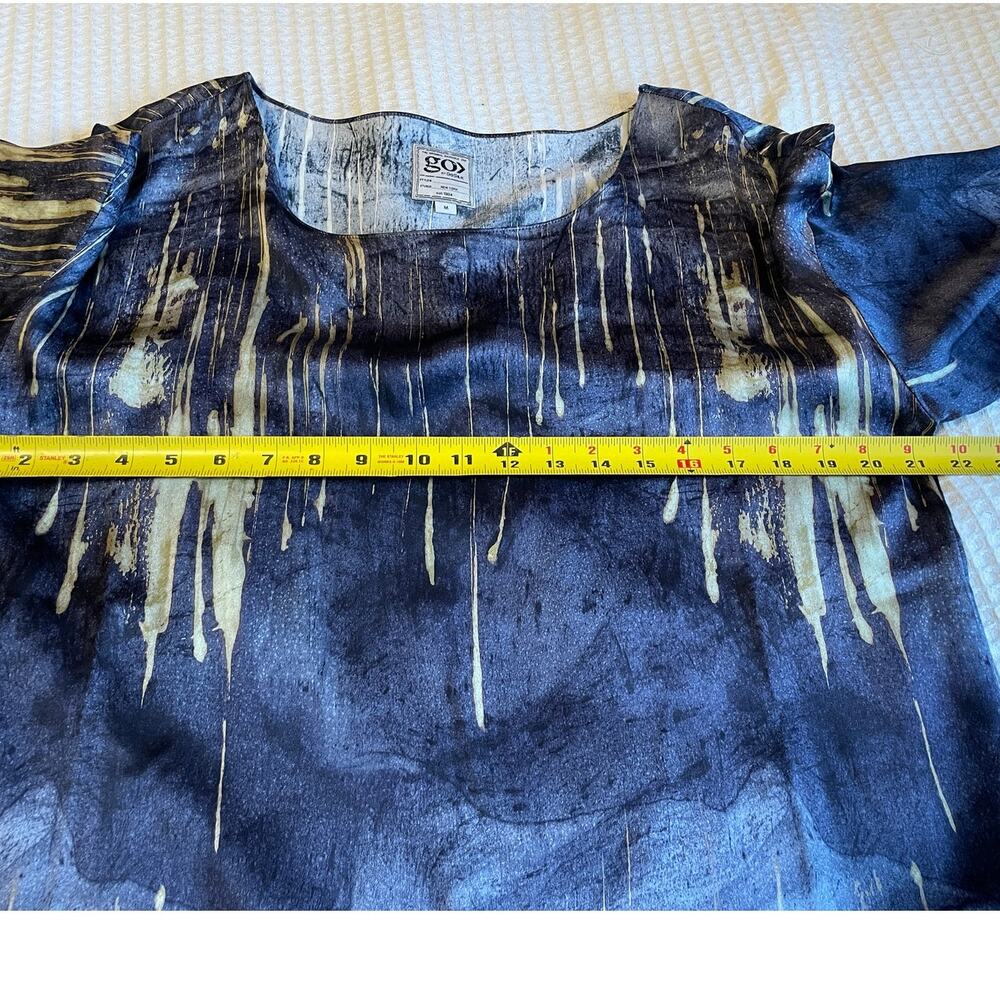 Go by Go Silk Boho Hi Low Deep Blue Abstract Design 3/4 Sleeve Square Cut Top M - Picture 5 of 11